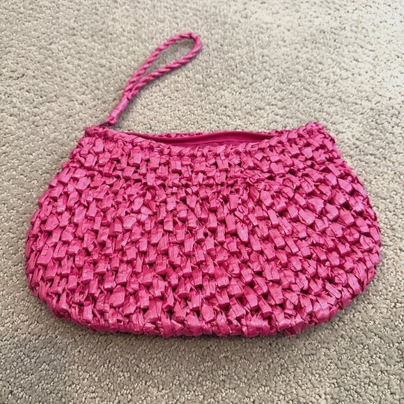 Handmade Pink Plastic Raffia Woven Clutch Wristlet Bag Philippines Retro Tourist - Picture 1 of 8
